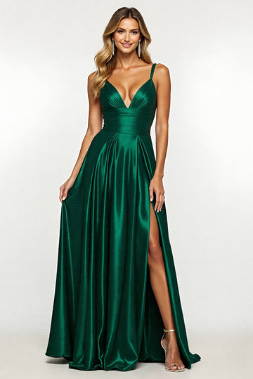 Sparkly Dark Green A Line Long Prom Dress With Slit